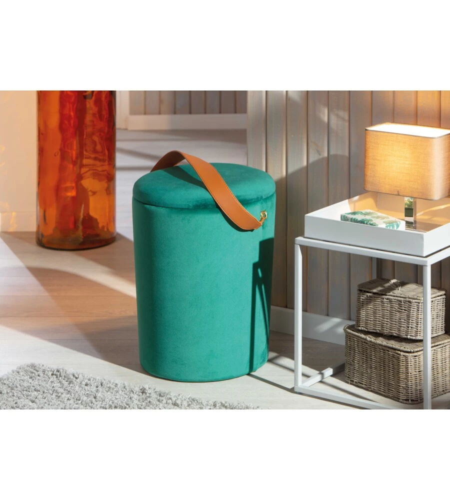 Pouf "secchiello" in velluto verde con maniglia, 35x35x45 cm